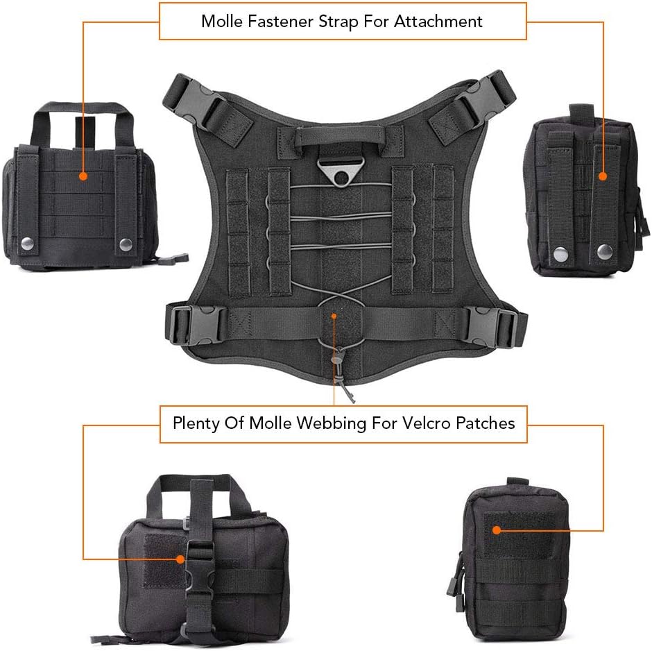 TOPTIE Tactical Service Dog Harness, Dog Training Vest Pet Harness with Molle Pouches and Bottle Holder-TAN-L
