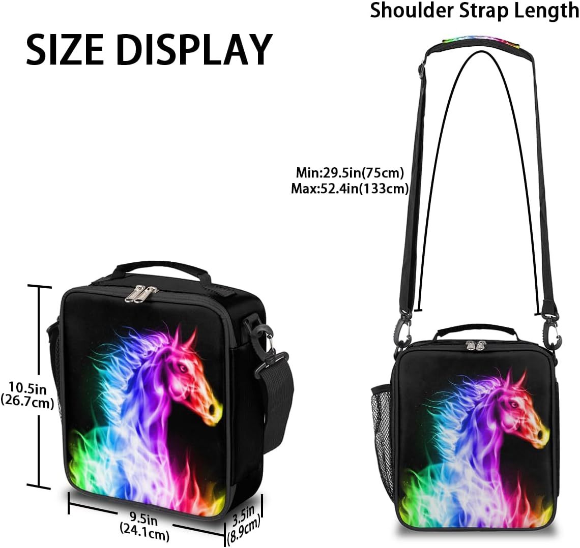Insulated Lunch Box for Boys Girls, Reusable Lunch Bags with Adjustable Shoulder Strap and Water Bottle Holder for Kids Adult, Baseball Lunch Tote Bag for Office Work School (Horse)
