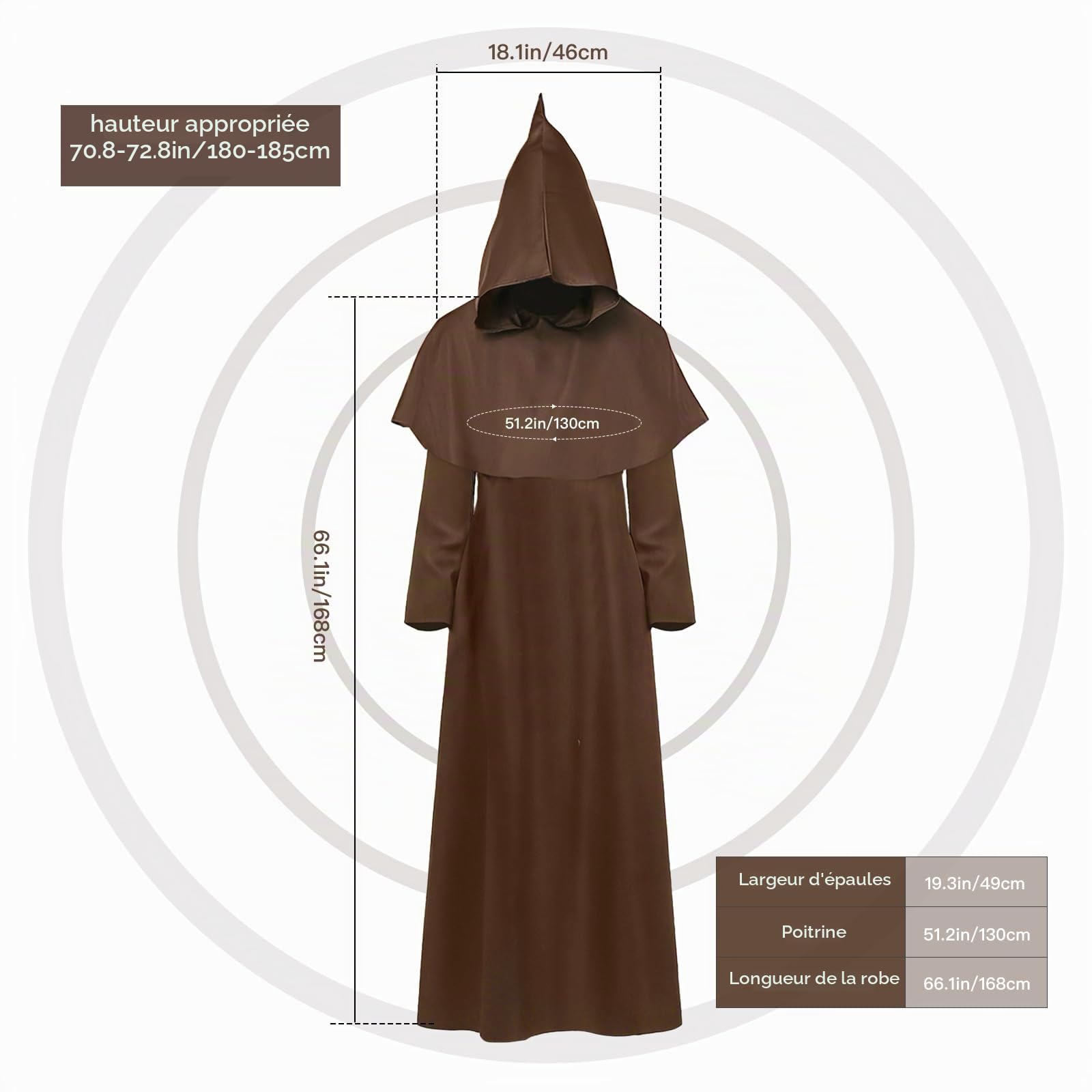 Costume de moine médiéval pour homme - Avec capuche - Perruque de moine - Chapeau marron foncé - Ceinture - Corde de chanvre - Chaîne croisée - Halloween, carnaval, taille XL (175-185 cm