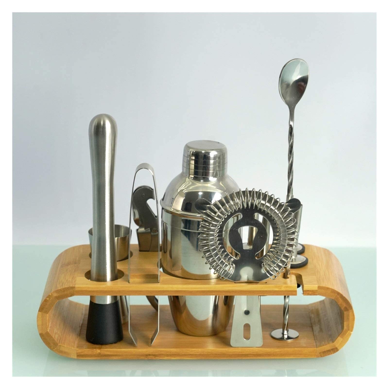 Cocktail Shaker Cocktail Shaker Set 12 pièces Cocktail Shaker Set Acier Inoxydable Barman Kit Mélangeur Boisson Bar Outil Accessoires Ovale Bambou Stand (Couleur : 550Ml) (350ml)