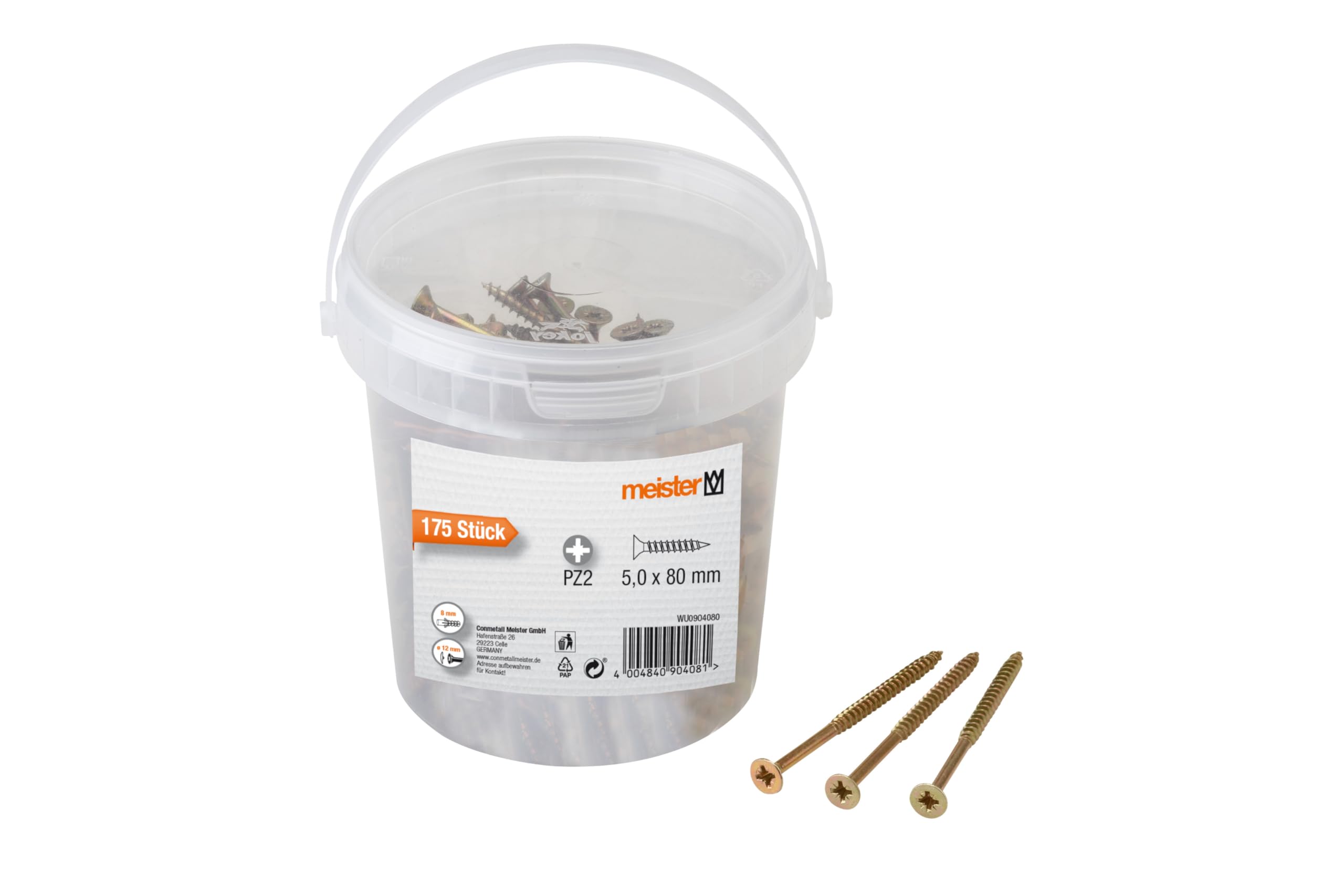 Meister Universalschrauben 5,0 x 80 mm - 175 Stück im Set - Senkkopf - PZ Pozidriv-Antrieb - Teilgewinde - Gelb verzinkt / Schrauben-Set / Schrauben-Eimer / 904080