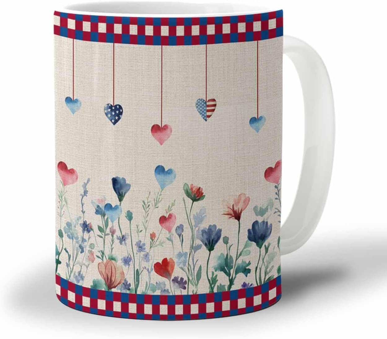 BEMIGO Ceramic Coffee Mug 4th of July Ceramic Mug White Cup, Wildflowers Plaid Insulated Coffee Cup with Handle with Pattern Perfect for Tea and Hot Beverages, 12oz