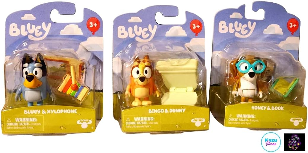 Bluey Story Starter Figures Pack of 3 Xylophone, Honey &Book, Bingo & Dunny with2 Kazu Store Stickers