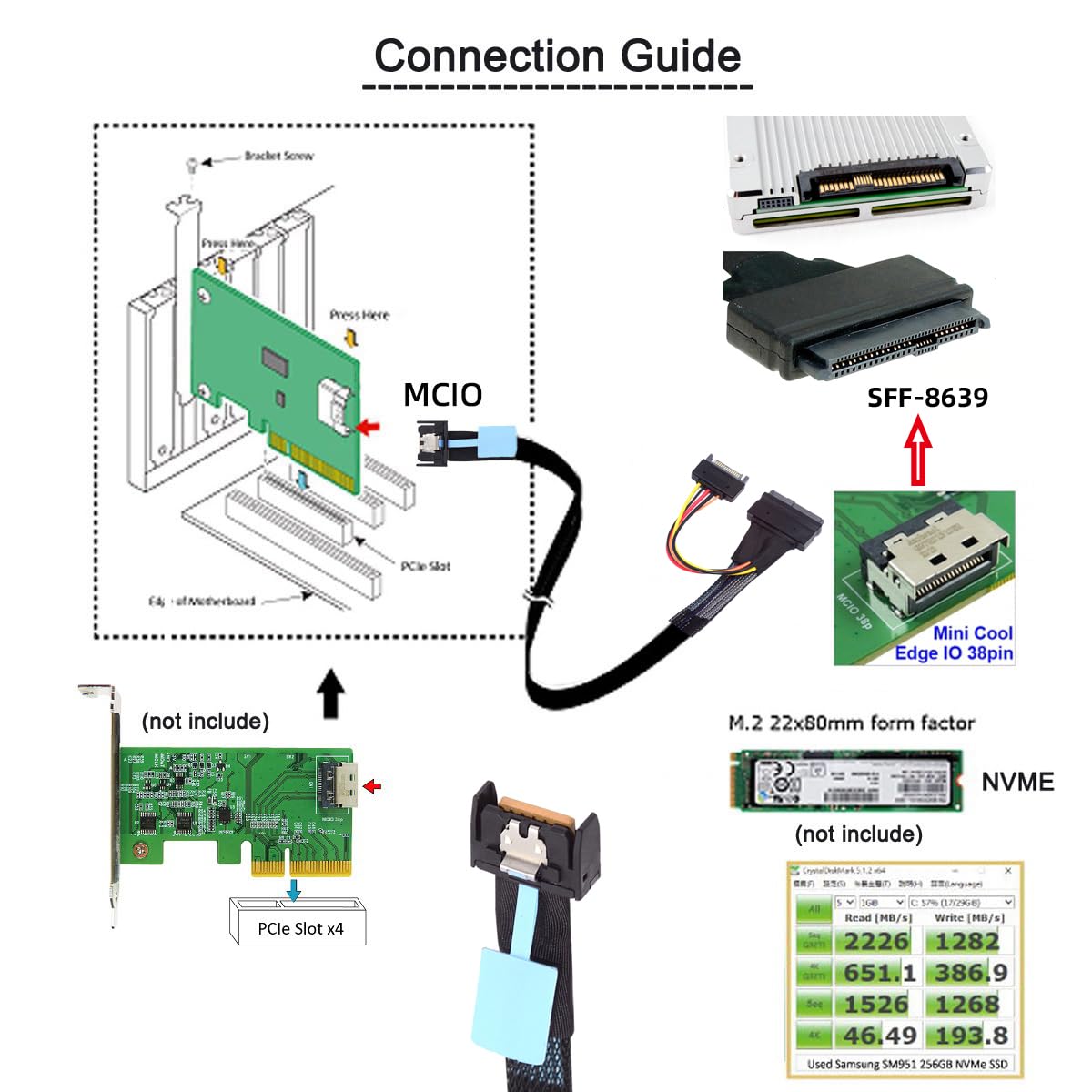 xiwai PCIe 5.0 MCIO 4X Mini Cool Edge IO a U.2 SFF-8639 NVME PCI-Express con cavo di alimentazione SATA 15P per scheda madre SSD, 50 cm