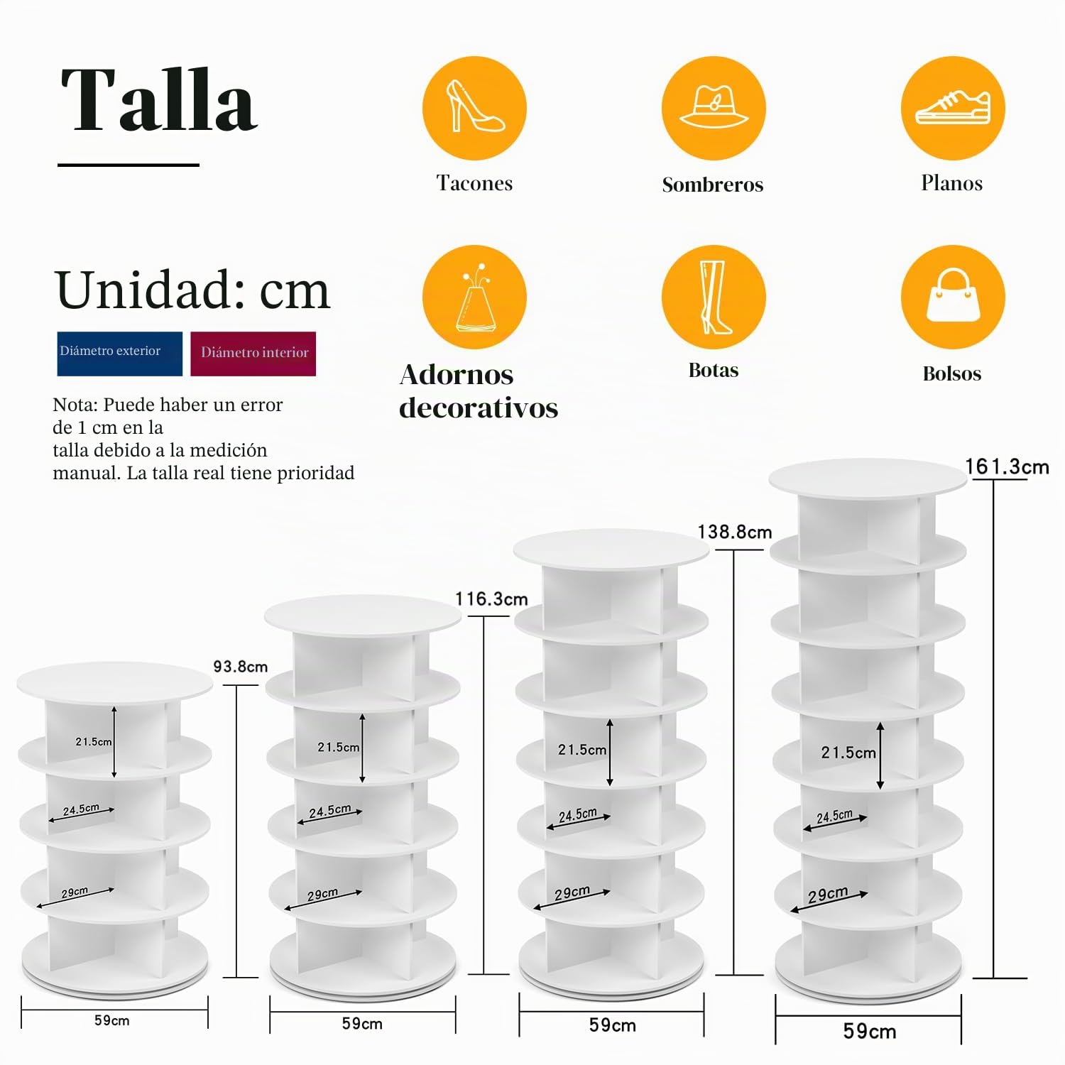 PTUWODS Zapatero giratorio, 360 grados, organizador de zapatos, carrusel redondo, bolso vertical, organizador de zapatero (blanco, 7 niveles)