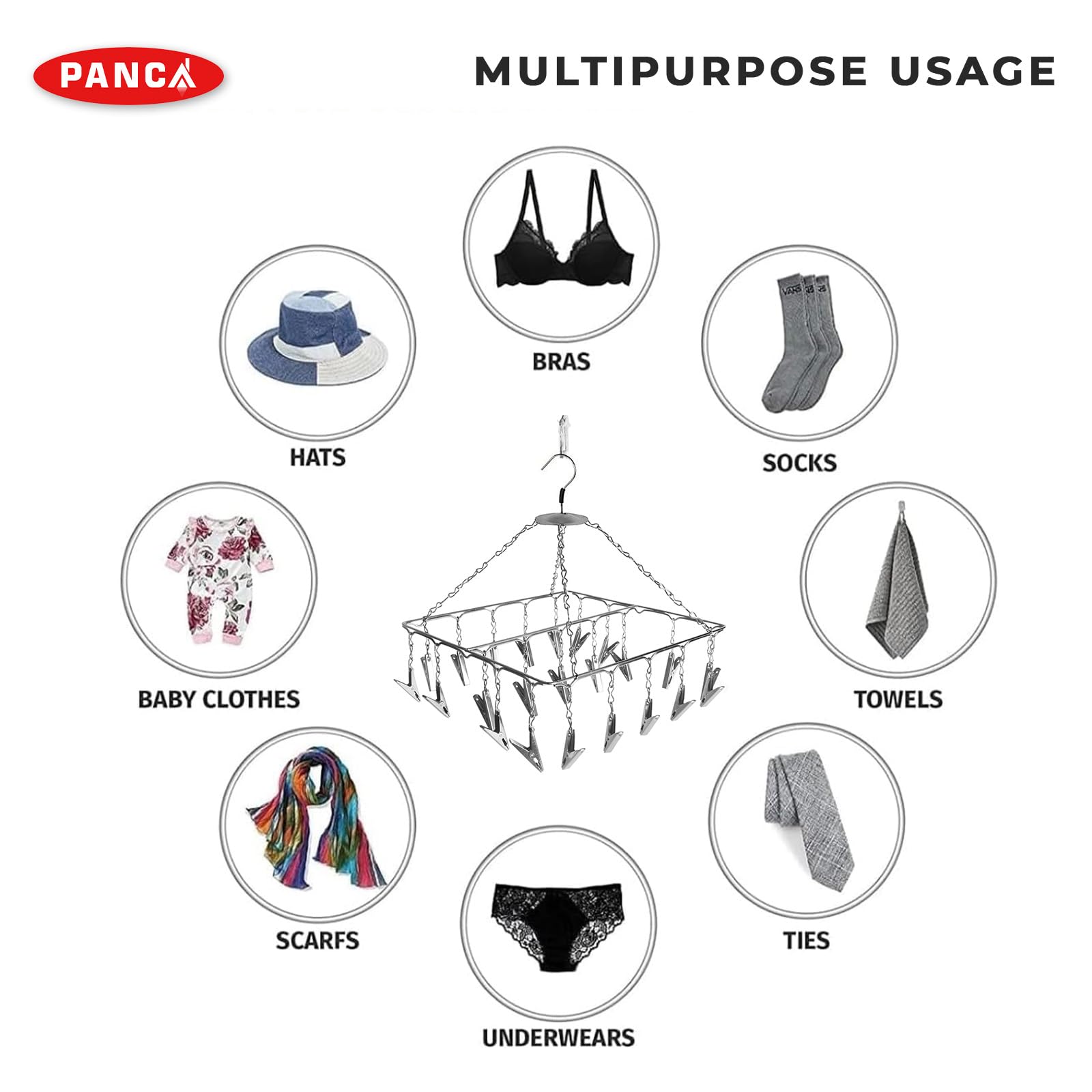 PANCA 25 Clips Edelstahl Tuch Trockenbügel | Quadratischer Wäscheständer mit Haken für Babykleidung, Unterwäsche & kleine Wäschestücke | Platzsparendes Hängetrocknergestell für Zuhause