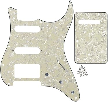 FLEOR 11 Hole Guitar Pickguard SSH and Tremolo Cavity Backplate with Mounting Screws for U.S./Mexican Standard ST Style Guitar,Aged Pearl 4ply
