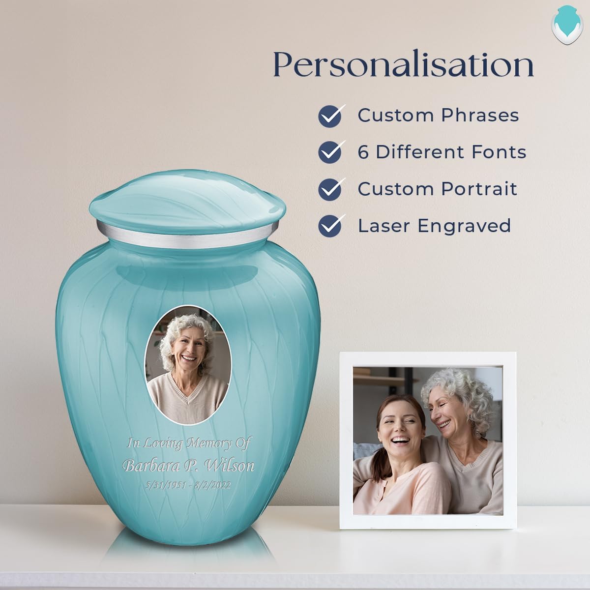 Geturns - Adult Cremation Urns for Human Ashes I Large Pearl Light Blue Photo Funeral Urn for Female and Male I 200 lbs