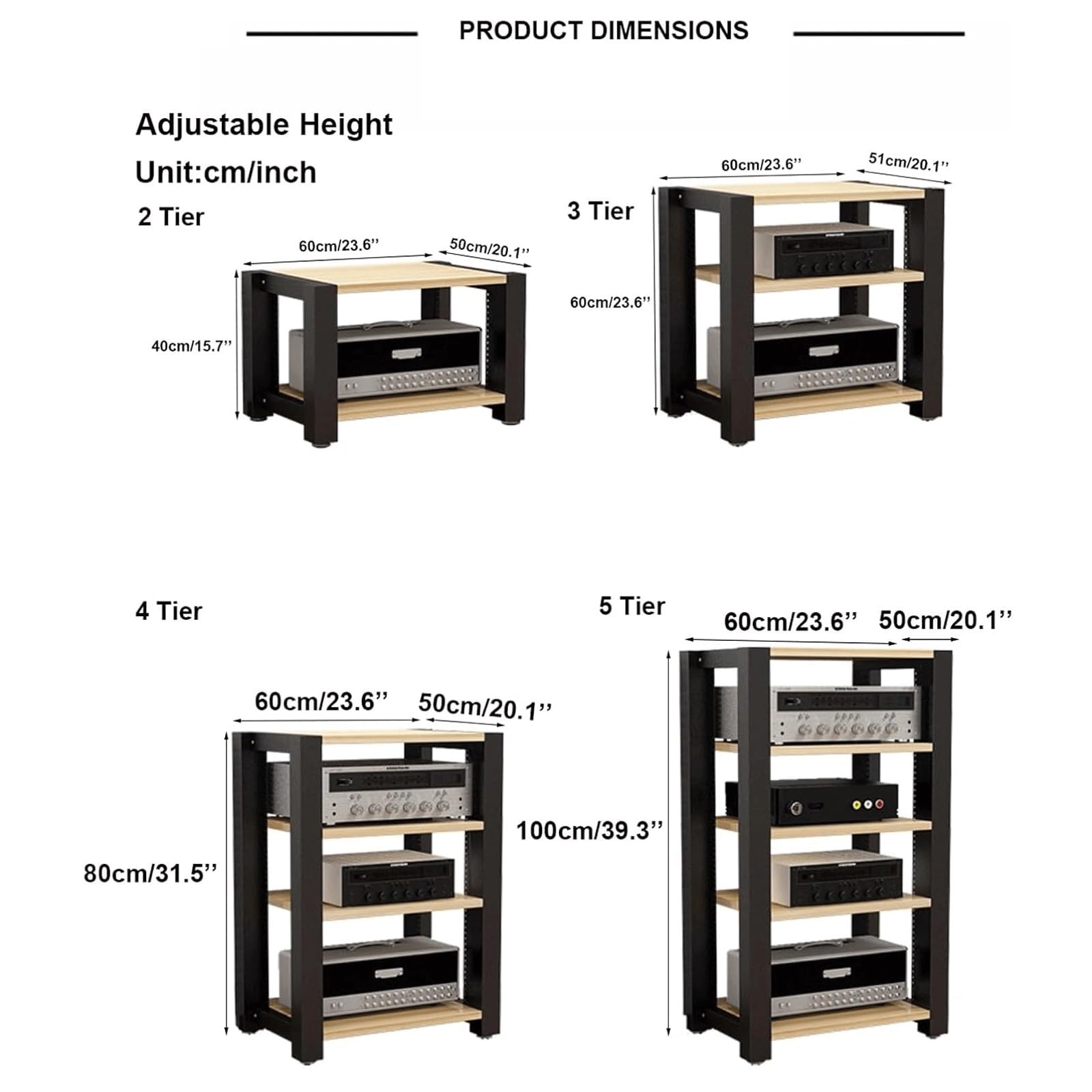Scaffale aperto regolabile a 3 ripiani, versatile per HiFi, video e decorazioni per la casa, design in metallo nero e legno, perfetto per organizzare piccoli spazi