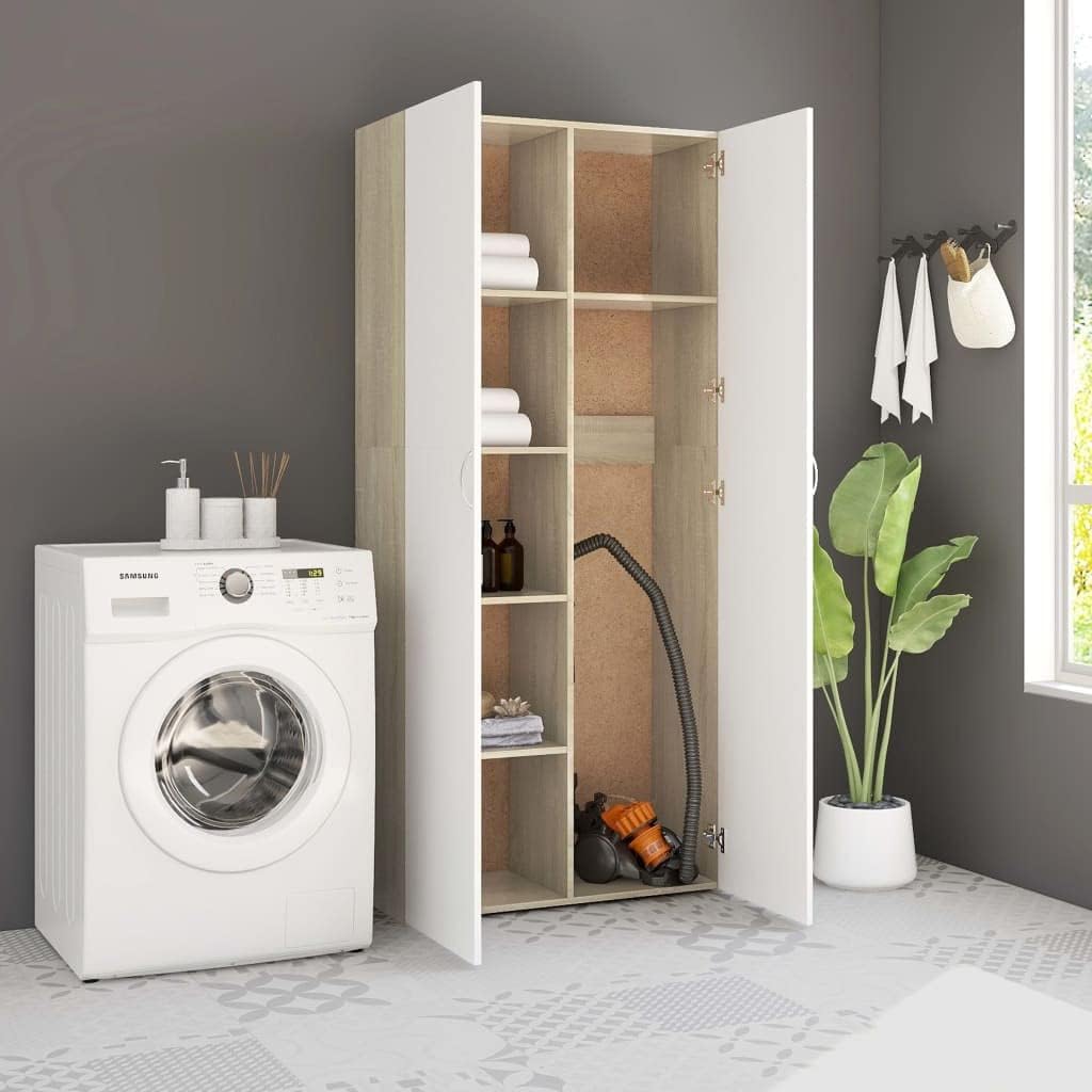 White and Sonoma Oak 8 Compartment Cabinet, Durable Engineered Wood Storage Cabinet with 8 Compartments for Home Organization