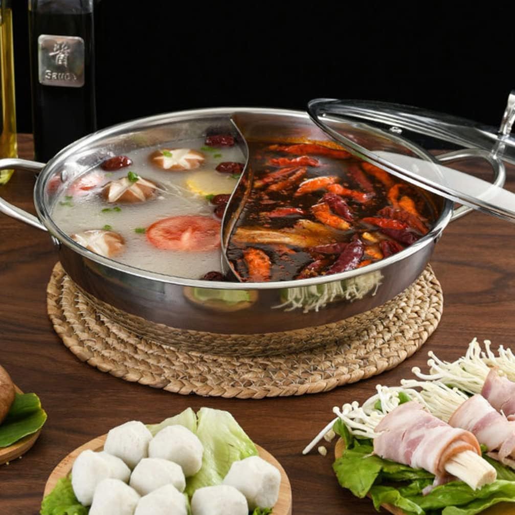 Yardwe 1set Stainless Steel Dual Hot Pot Chinese Style Double Flavor Hot Pot Comfortable Handles Anti-scalding Design for Winter Gatherings and Delicious Meals Random Style