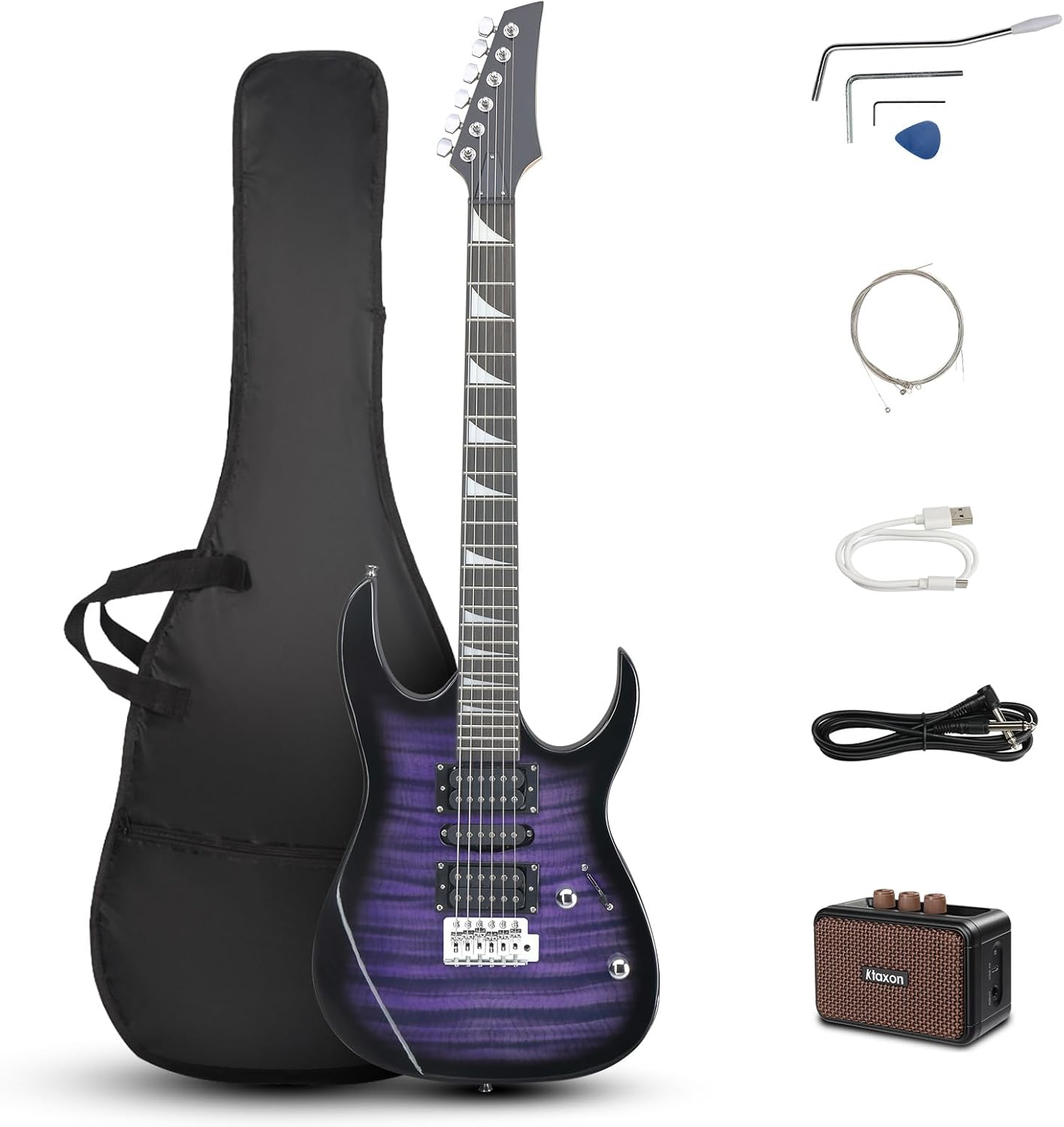 Ktaxon 39" Electric Guitar with 5Watt Amp, Full Size 170 Model Starter Guitar Kit for Beginners & Professionals W/Bag, Shoulder Strap, Wrench Tool, Plectrum - Tiger Purple