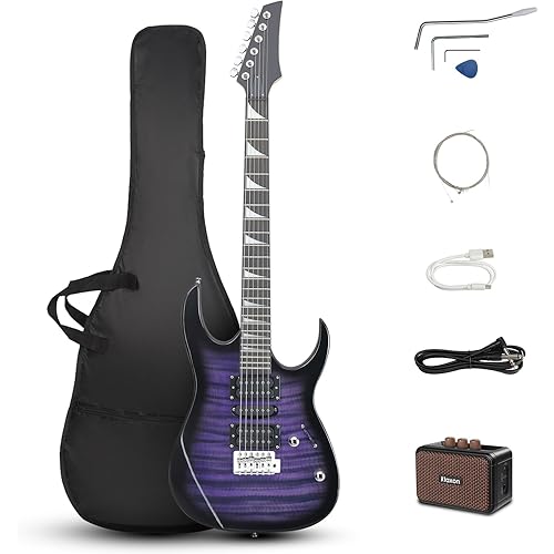 Ktaxon 39" Electric Guitar with 5Watt Amp, Full Size 170 Model Starter Guitar Kit for Beginners & Professionals W/Bag, Shoulder Strap, Wrench Tool, Plectrum - Tiger Purple