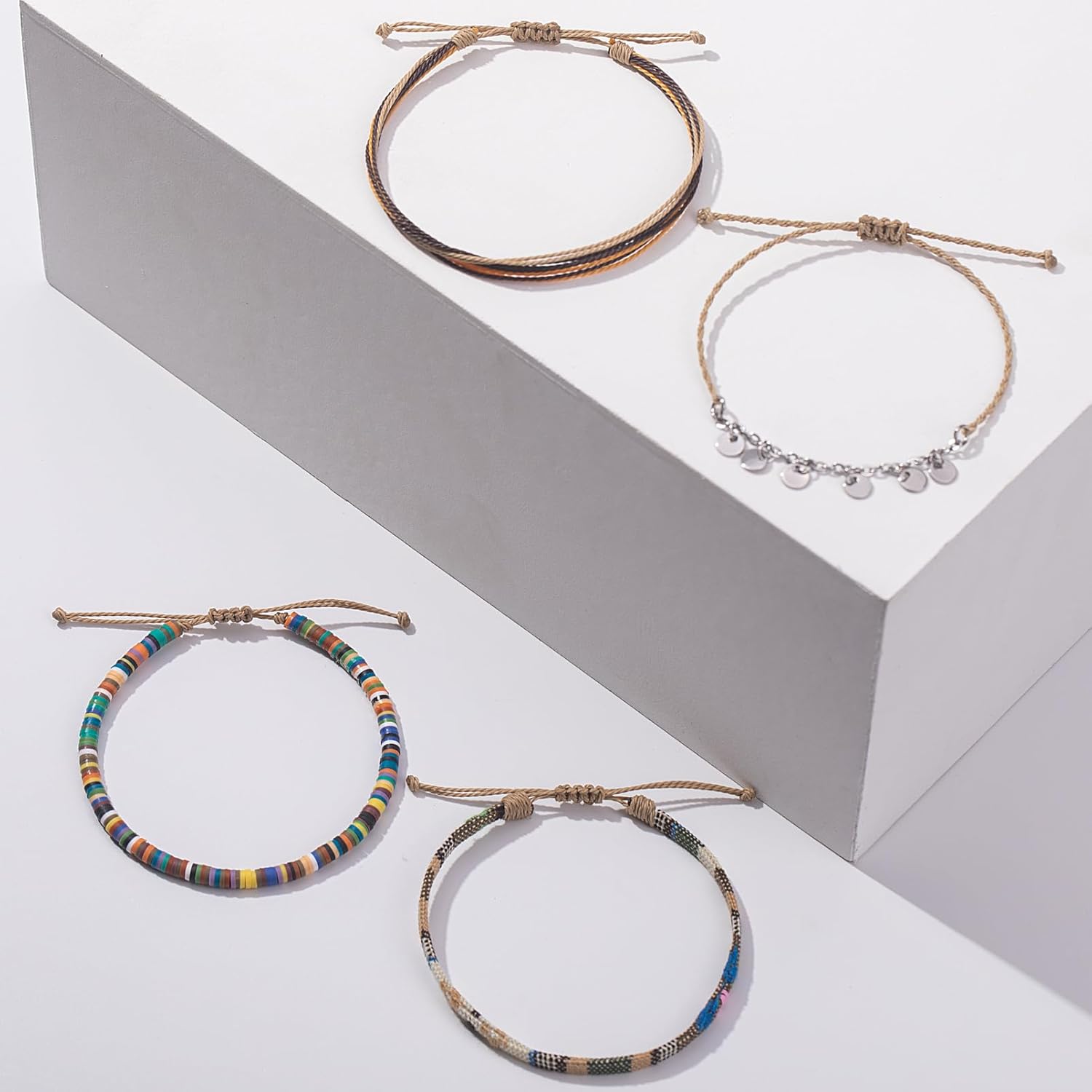 FANCY SHINY Waterproof String Anklets Boho Clay Beads Ankle Bracelets Cute Cloth Stainless Steel Coin Anklet Set Beach Summer Jewelry for Women - Image 5