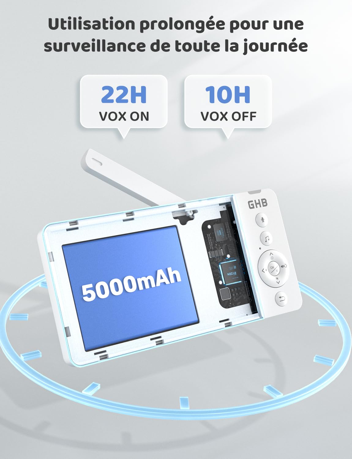GHB Babyphone Camera 5" Camera Bebe Surveillance 720P HD 5000mAh Écran IPS VOX Capteur de Température Zoom 4X 8 Berceuses Bidirectionnel Volume Réglable sans WiFi