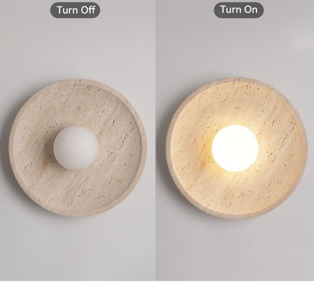Japandi Round Travertine Wall Sconce, Natural Yellow Cave Stone Wall Lamp, Cream Flush Mount Vanity Light for Bedroom, Living Room, Hallway, Stairway, Bedside, Entryway Parlor