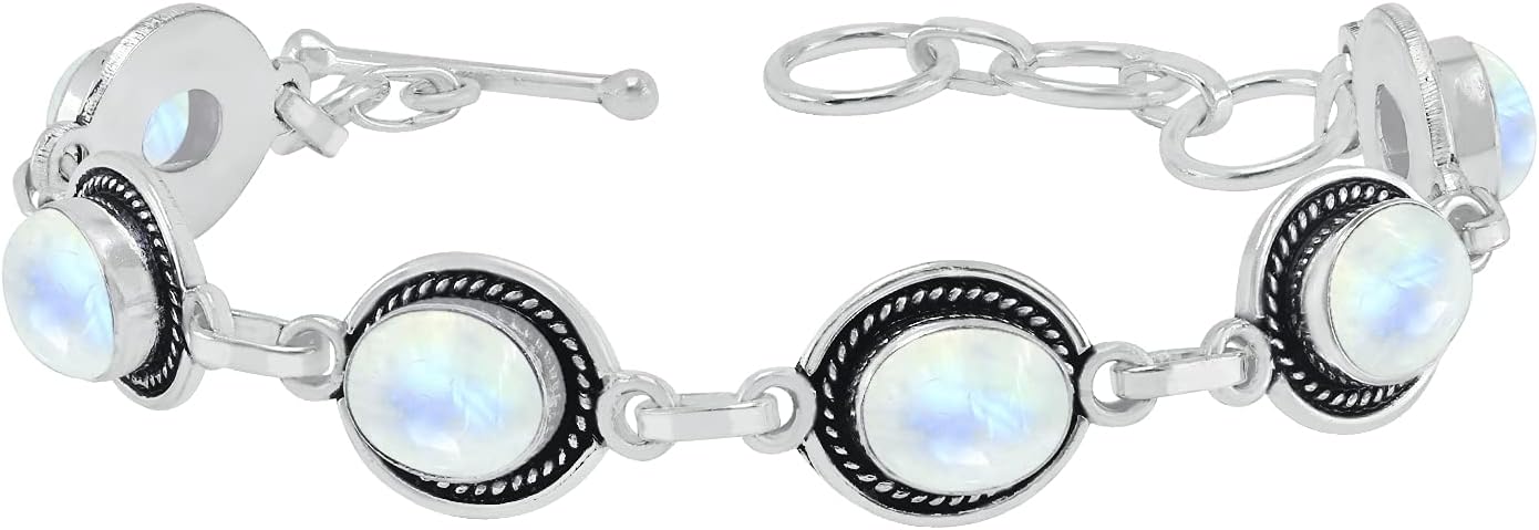 Natural Amethyst Moonstone Lapis Labradorite Garnet Malachite 925 Silver Plated Handmade Link Bracelet for Women - Bohemian Vintage Style Birthstone Jewelry Bracelet Gifts for Mom Wife Her - Image 2