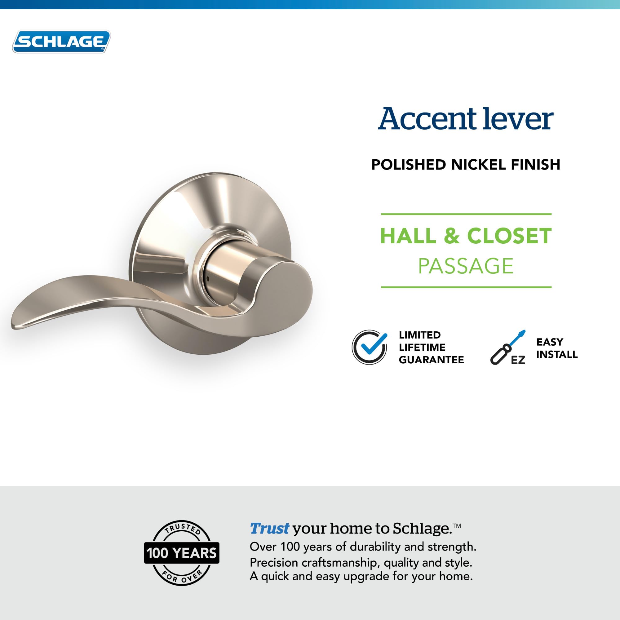 Schlage F10 Acc 618 Accent Lever Hall and Closet, Polished Nickel - Image 4