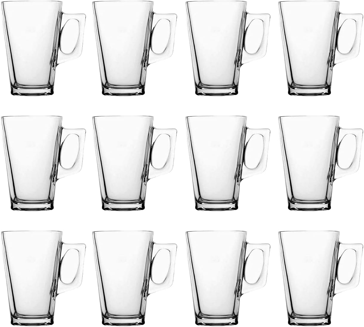 Straame - Set of 12 Latte Glasses, 240 ml Temperature Resistant - Stylish Coffee/Tea Cups, Hot Drink Cafe Mugs - Ideal for Ice Cream Latte, Espresso, Cappuccino & Hot Chocolate-Clear Mugs with Handle