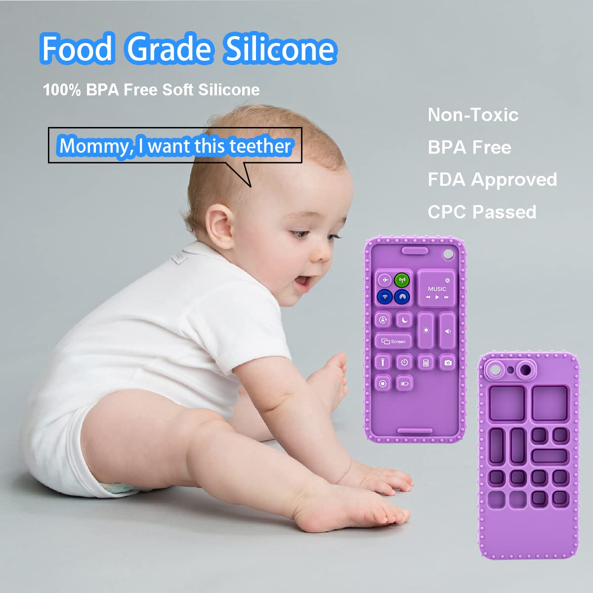 Purple Silicone Baby Cell Phone Teether - Soft Teething Toys for Infants 0-12 Months
