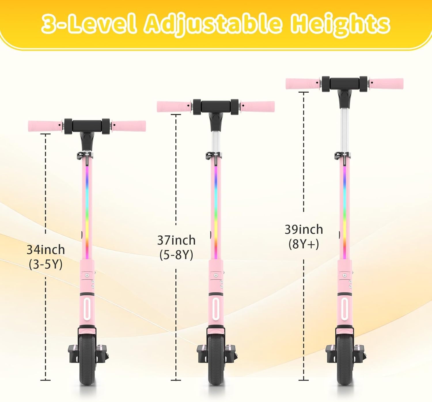 Trottinette Électrique Enfant, Guidon Réglable sans Outil 86-99cm, Moteur 130W 3 Vitesses 8-14 km/h, Autonomie Jusqu'à 8km, Écran LED & Éclairage, Pneus 6,5" Pleins, (Rose)