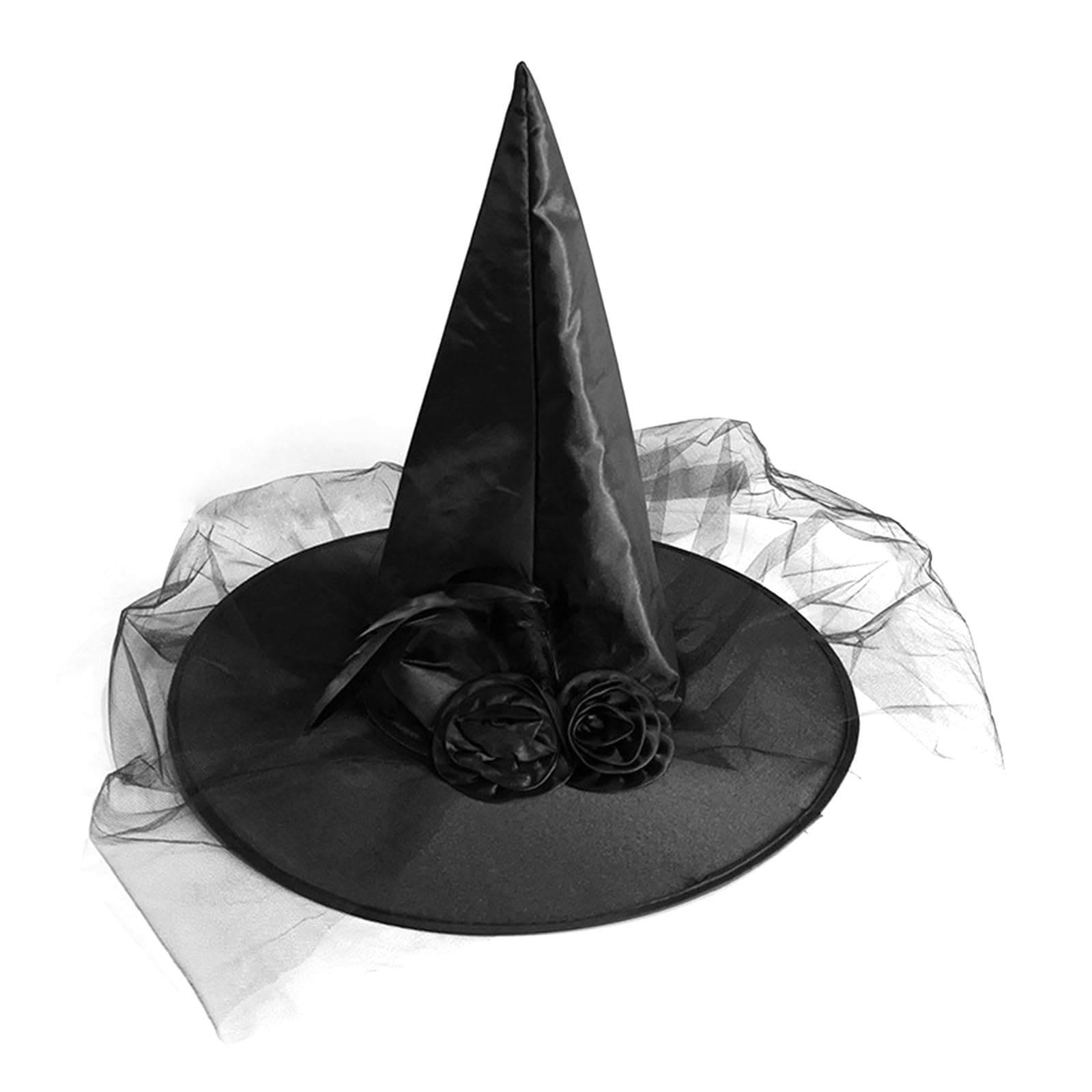 Coolon Ladies Black Witch Hat with Veil and Feathers - Halloween Witch Hat with Headpiece- Adults Pointy Witch Hat - Fancy Dress Carnival Accessories - Women's Witch or Wizards Outfit (Black)