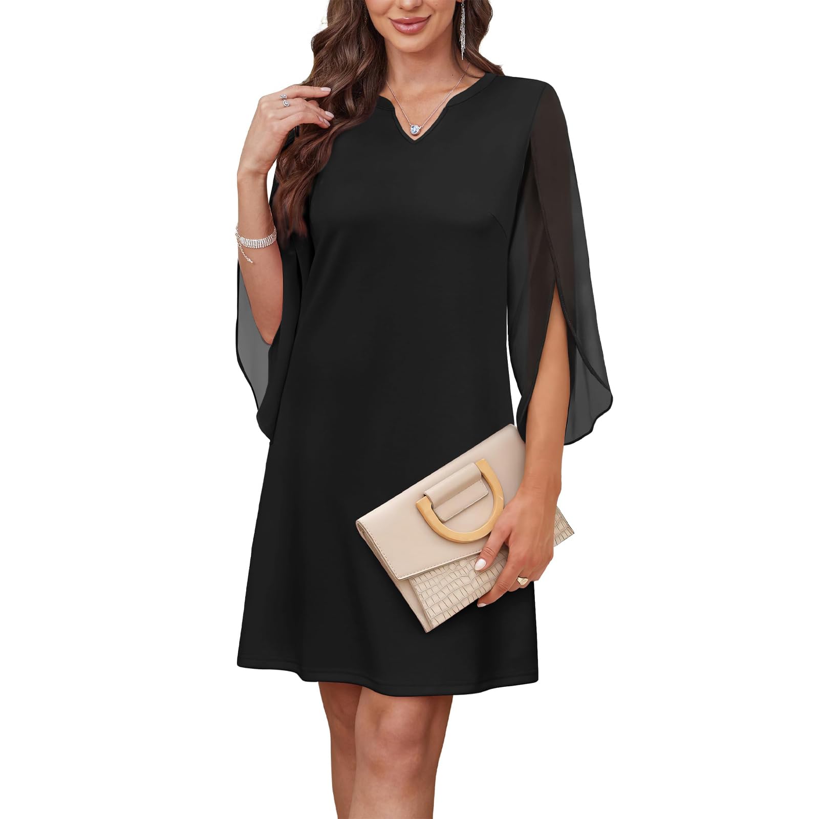 Robe de Cocktail pour Femme Midi Robes en Mousseline Manches 3/4 Robe Courte Chic et Élégante Col en V Robes Unie A-Line Coupe Ample de Mariée pour Fête Soirée Mariage Bal Promo