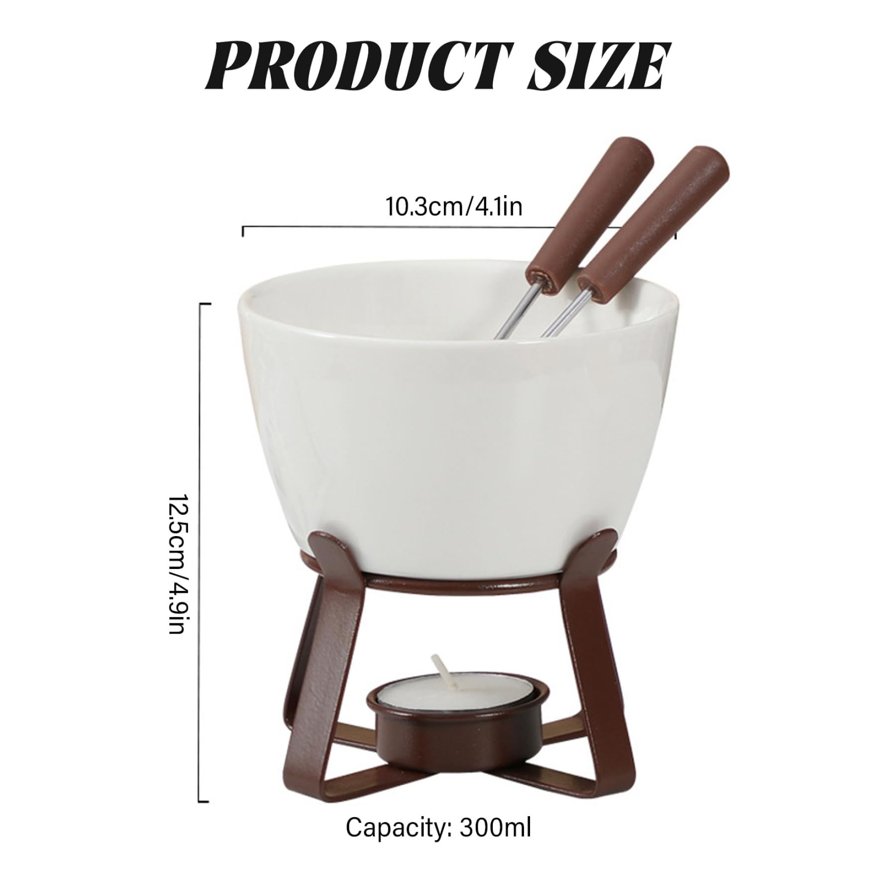 Taza de Fondue de Chocolate Taza de Fondue de cerámica con 2 Tenedores y Soporte de Hierro, Reutilizable para derretir Chocolate para Queso o (Vela no incluida)