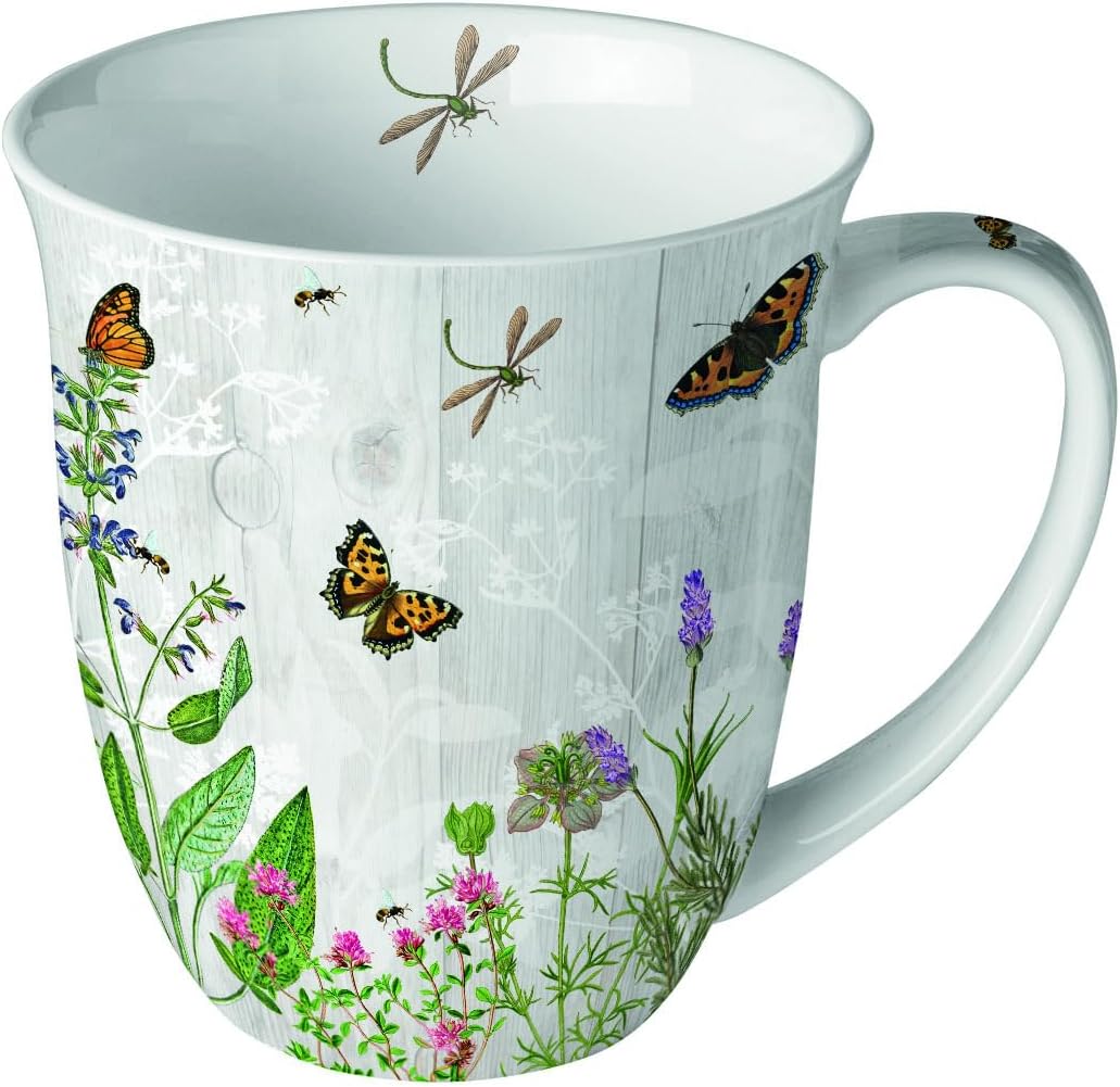 Mug 10 cm Porcelain with Flowers Grasses & Insects Motif - 0.4 L Ceramic Mug Porcelain Crockery - Coffee Cup Tea Cup Cocoa Cup - Cups & Cups for Spring and Summer - Porcelain Mug Grey Green