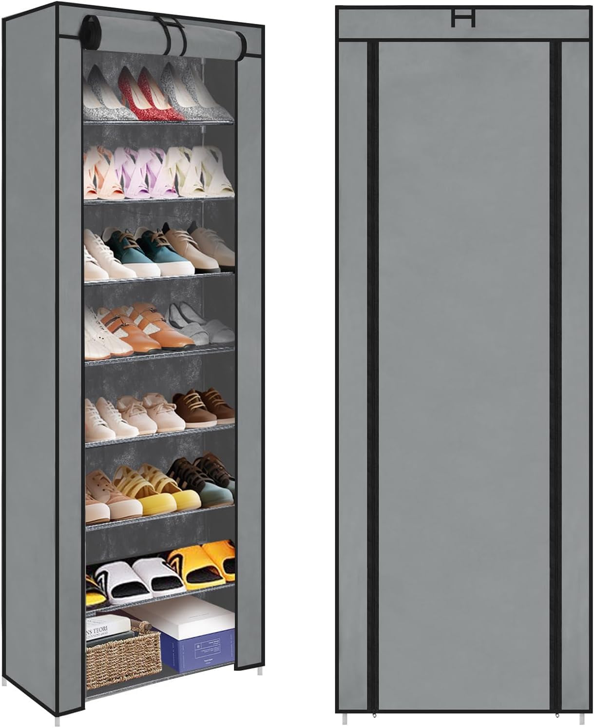 Minifactory 9 Tier Shoe Cabinet Storage Organiser, Dustproof Shoe Cabinet with Zipper Cover, Holds up to 27 Pairs, Space Saving Shoe Storage Rack for Bedroom, Hallway, Entryway & Living Room (Grey)