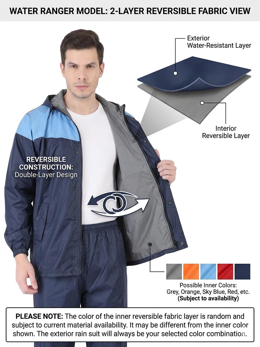 Wet Off Hood® Men's Waterproof Rain Suit | Reversible Nylon Set with Adjustable Hood | Reflective Strip & Small Backpack Space-Ready Fit 3