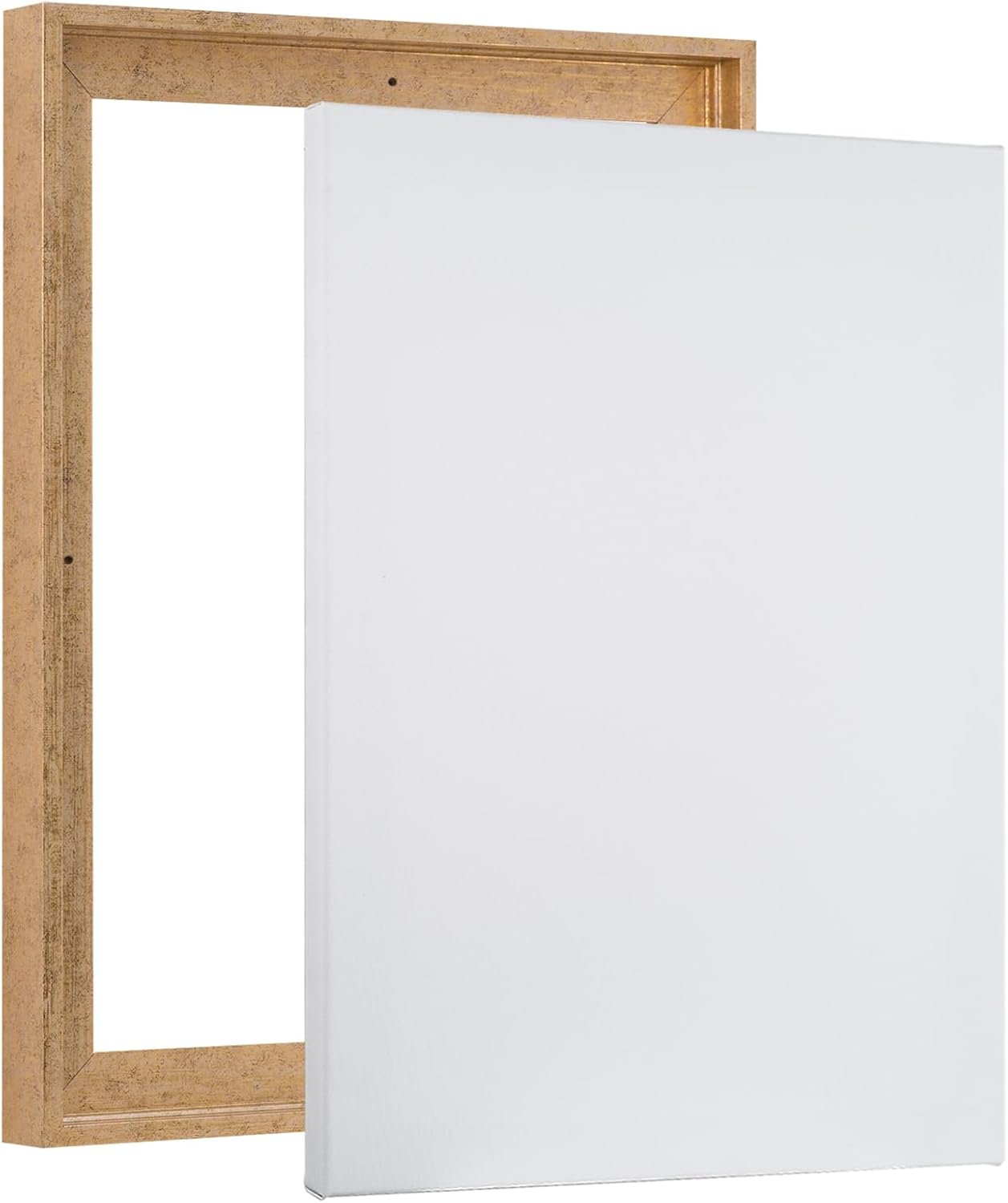 Combo Pack: Floater Frame + 16x20 inch Stretched Canvas for Painting, 1-3/8" Thick Frame + 3/4" Deep Blank Canvas with 12oz Primed 100% Cotton Canvas Fabric (Scratched Gold & Cream, 16 x 20 inch)