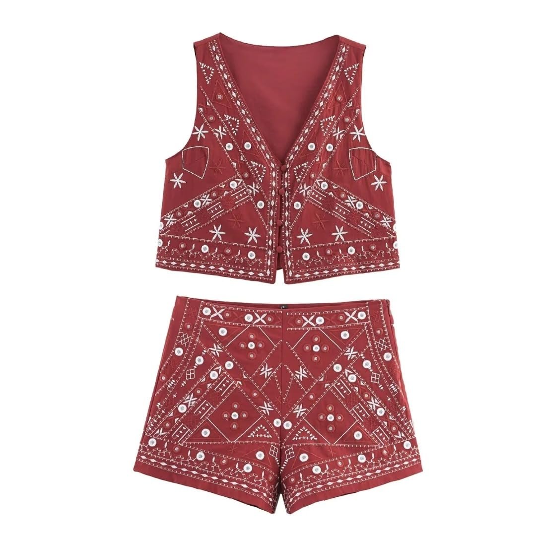 Womens casual embroidered sleeveless V-neck short vest top high waisted shorts set