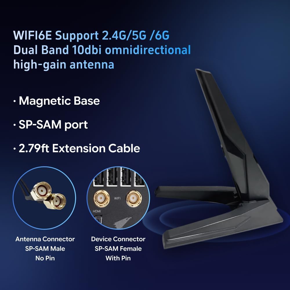 WiFi 6e 7 Antenna 2T2R Dual Band Moving Antenna Magnetic Base RP-SMA Connector for PC Desktop Computer Motherboard Bluetooth Card Wireless WiFi Router Wi-Fi7 with 2.79ft Extension Cable
