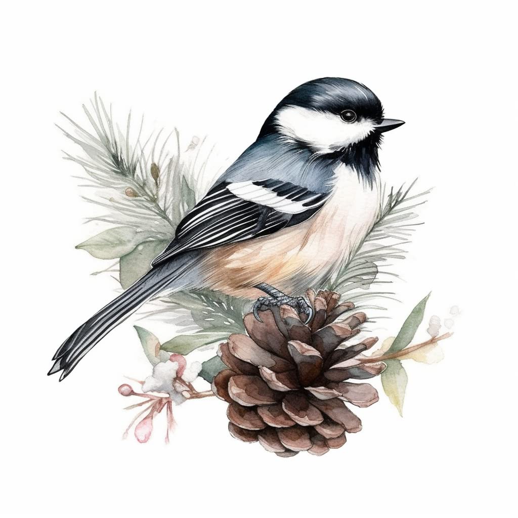 Maine Black-Capped Chickadee Bird Vinyl Decal Sticker - Pine Cone & Flower Design For Car, Laptop - View #7