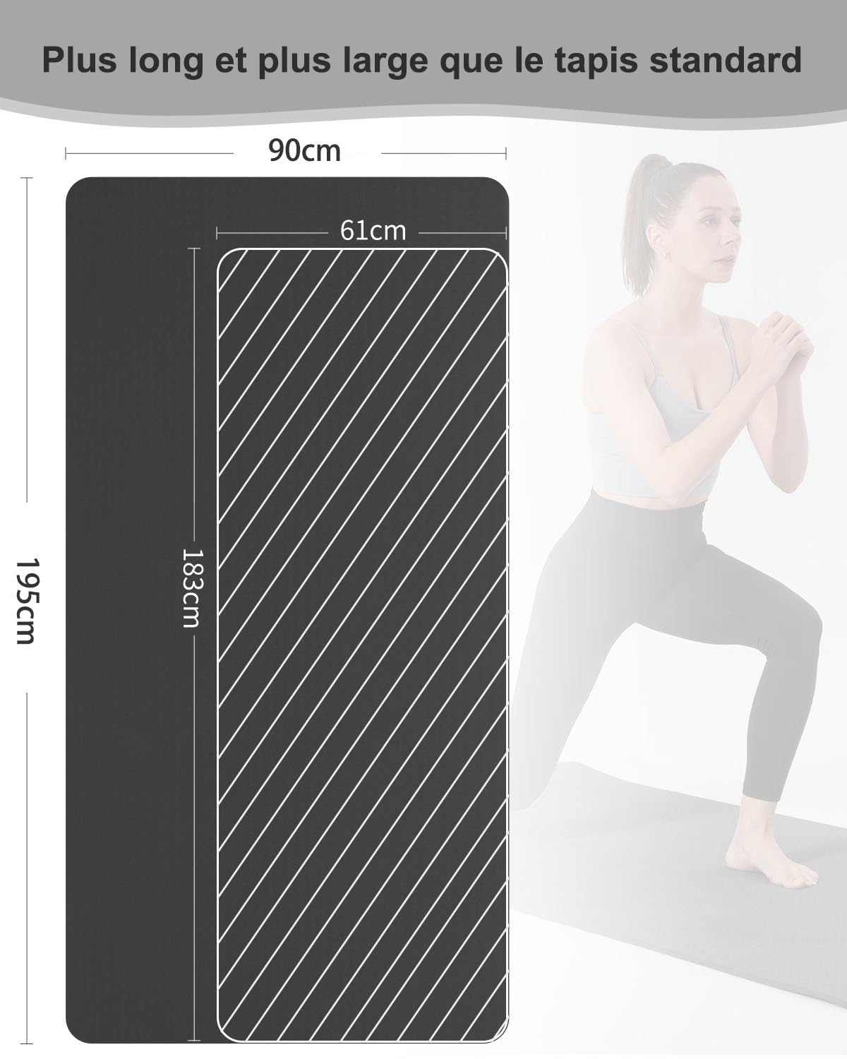 Tapis de yoga antidérapant - 195 x 90 cm - TPE - 10 mm d'épaisseur - Tapis de sport XL avec sangle de transport + sac pour Pilates, yoga, entraînement