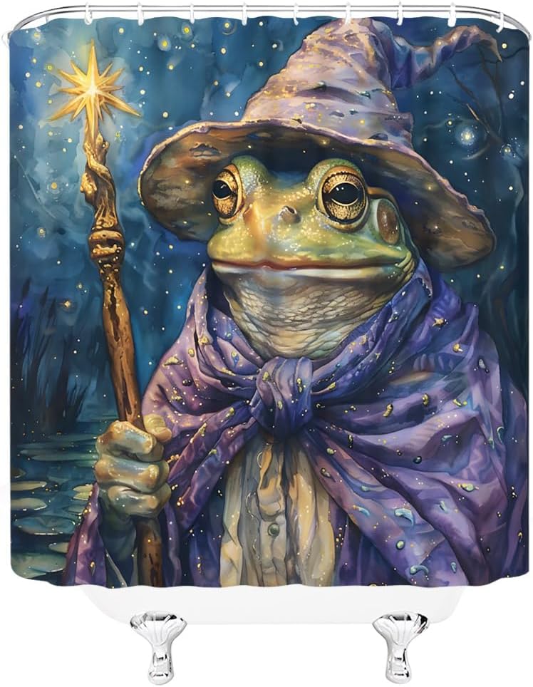 Halloween Frog Shower Curtain Funny Fantasy Animal with Wizard Hat Star Night Starry Watercolor Wildlife Forest Lotus Leaves Lake Fabric Bathroom Decor Curtains with Hooks,82 x 70