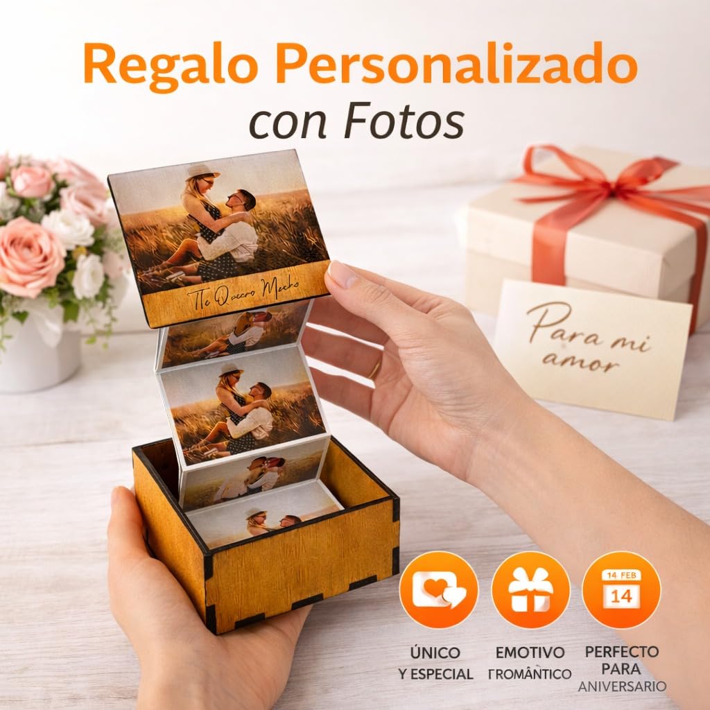 Caja de Fotos Desplegable de Madera con 6 Fotos Personalizadas - Regalo Original para Parejas, Hombres o Mujeres