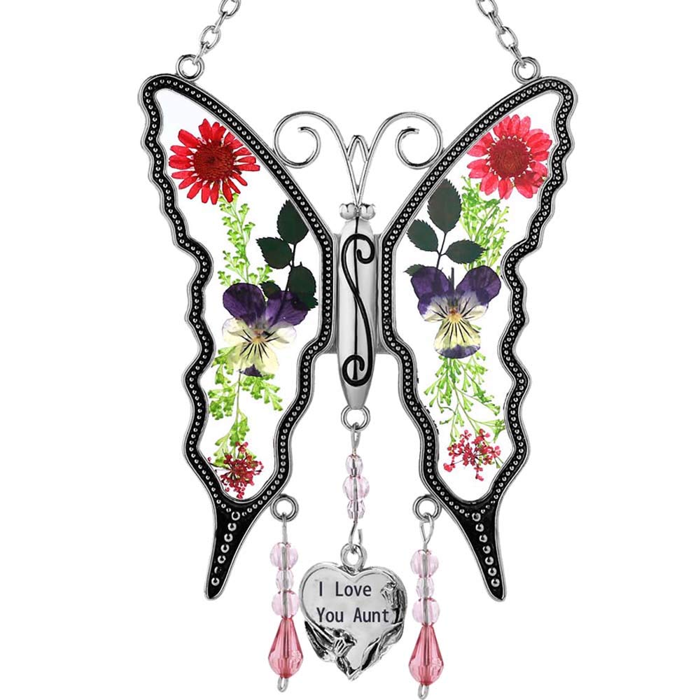KY&BOSAM Butterfly Suncatcher Stained Glass Hangings for Windows I Love You Aunt Sun Catcher Pressed Real Flower Wing in Glass Dream Catchers Birthday Mother`s Day Wind Chimes