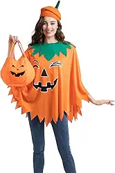Fantasia de abóbora para adultos, 3 peças, poncho de Halloween que brilha no escuro com boina de abóbora e sacola de doces para mulheres