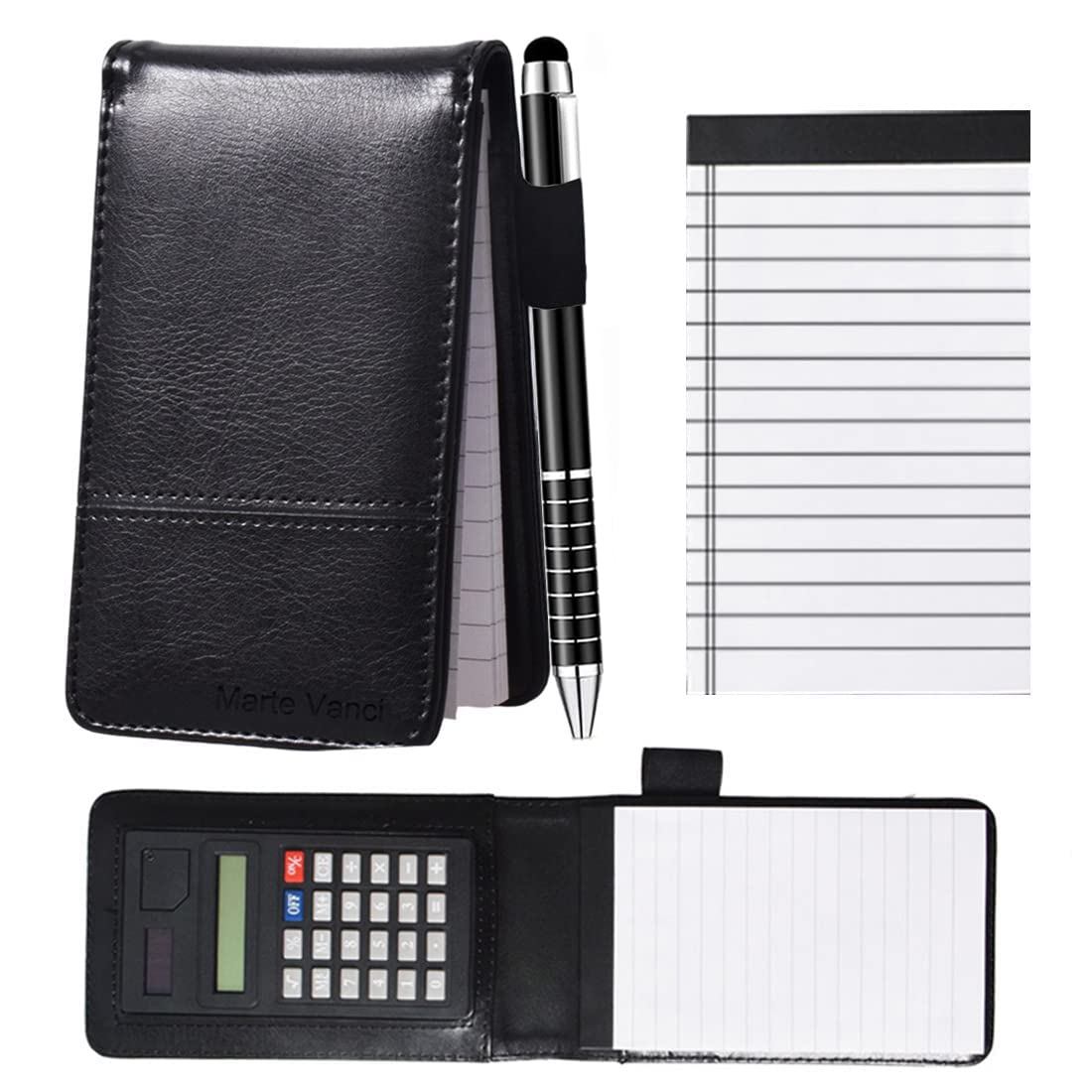 Excefore Mini Pocket Notepad with Calculator, PU Leather Working Small Notebook Notepad with Pen Pad Holder Set Multi Function A7 Soft Cover Notebook for Office Working, Schools, Restaurants (Blcak)