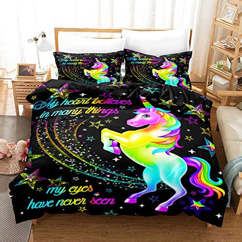 L.YINGTAO Parure De Lit Licorne, Housse De Couette Licorne Élégant Coloré 3D Imprimée Fermeture Éclair Cachée Housse De Couette avec 2 Taies D'Oreillers Enfants Filles Chambre Rêver Arc-135x200cm