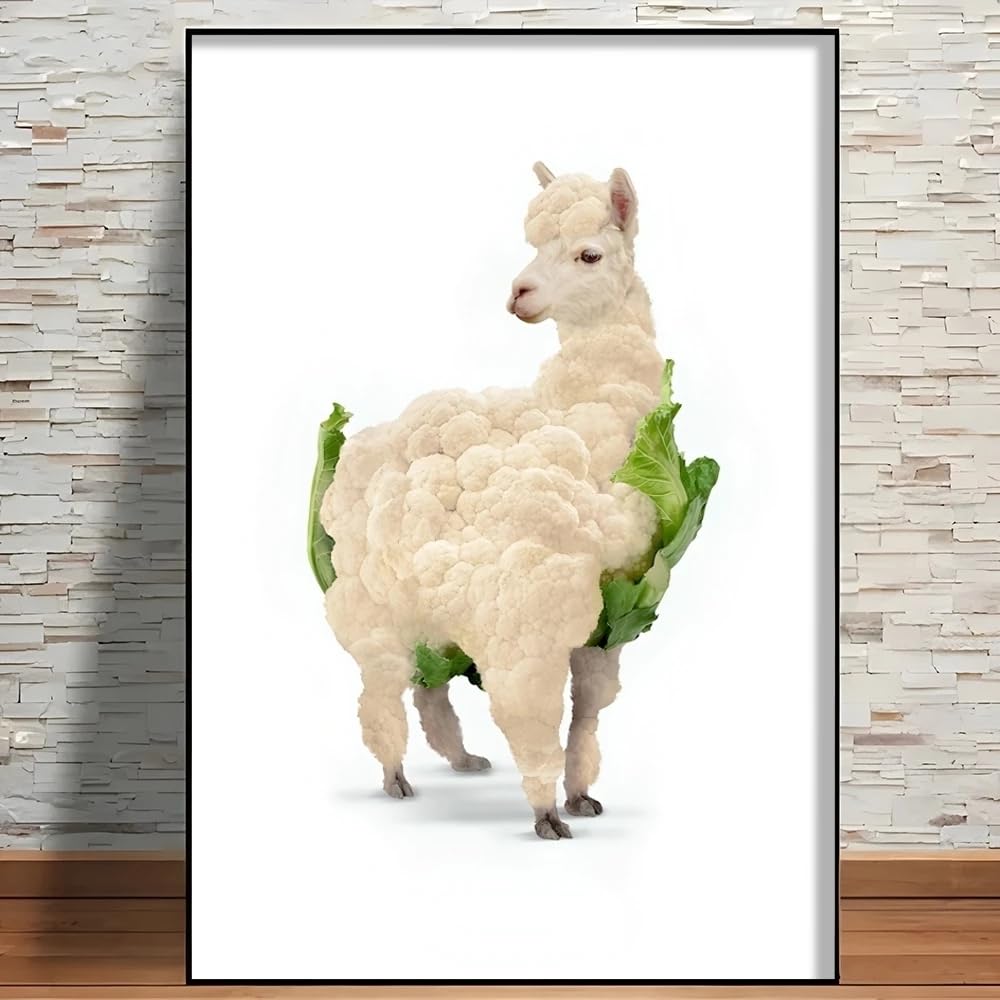 MAIMANG Alpakas und Blumenkohl Gemälde Kalligrafie Leinwand HD Poster Wandkunst Innenflur Heimdekoration (70x100cm/Innenrahmen)