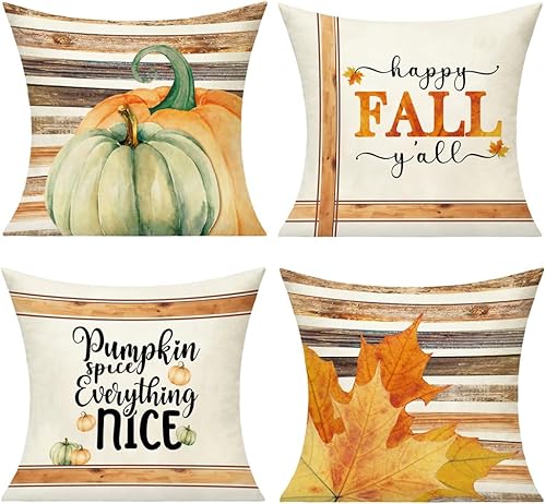 Miniatura 8 de VAKADO Juego de 4 fundas de almohada decorativas de otoño para exteriores de 16 x 16 pulgadas, decoración de porche de calabaza, decoración rústica