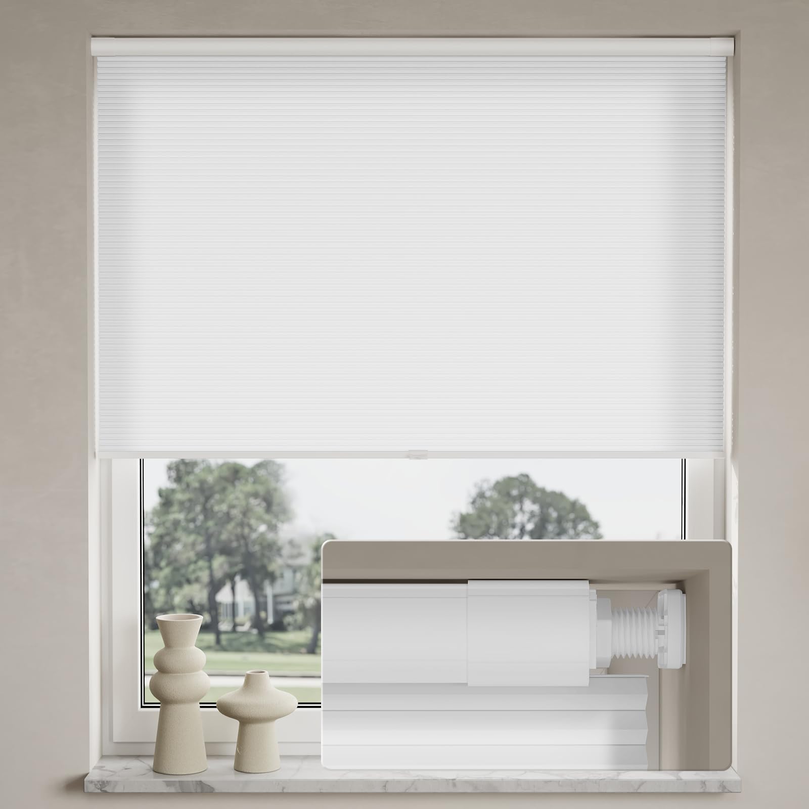 Myshade No Drill Light Filtering Shades Tension Cordless Cellular Blinds for Indoor Windows No Drilling No Tools Window Blinds & Shades Pull Down for