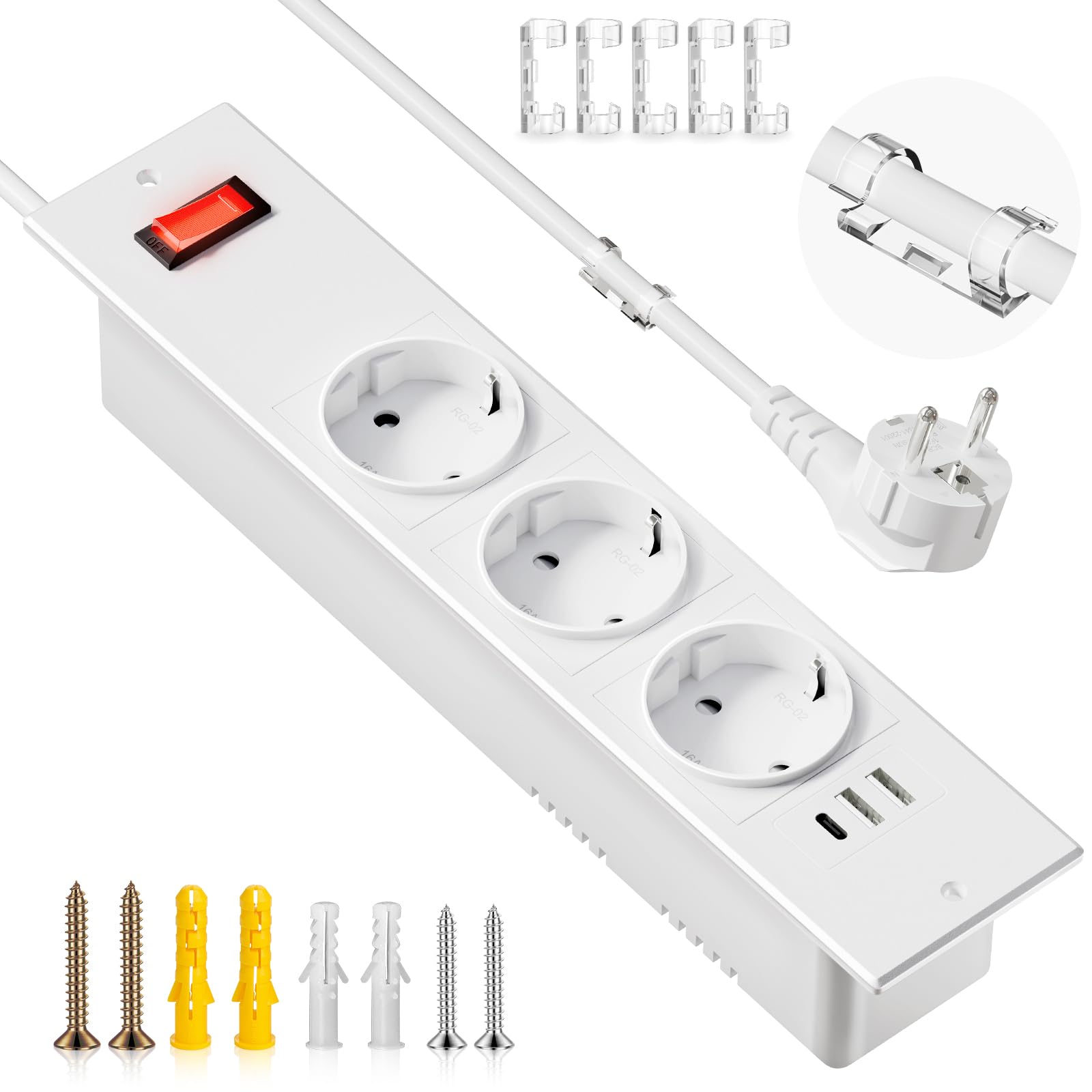 Inschuifbaar stopcontact met USB-C en USB-A, tafelstopcontact met hoofdschakelaar, stekkerdoos met 3 USB-C, wit met 5-kabelklem voor keuken, kantoor, bank
