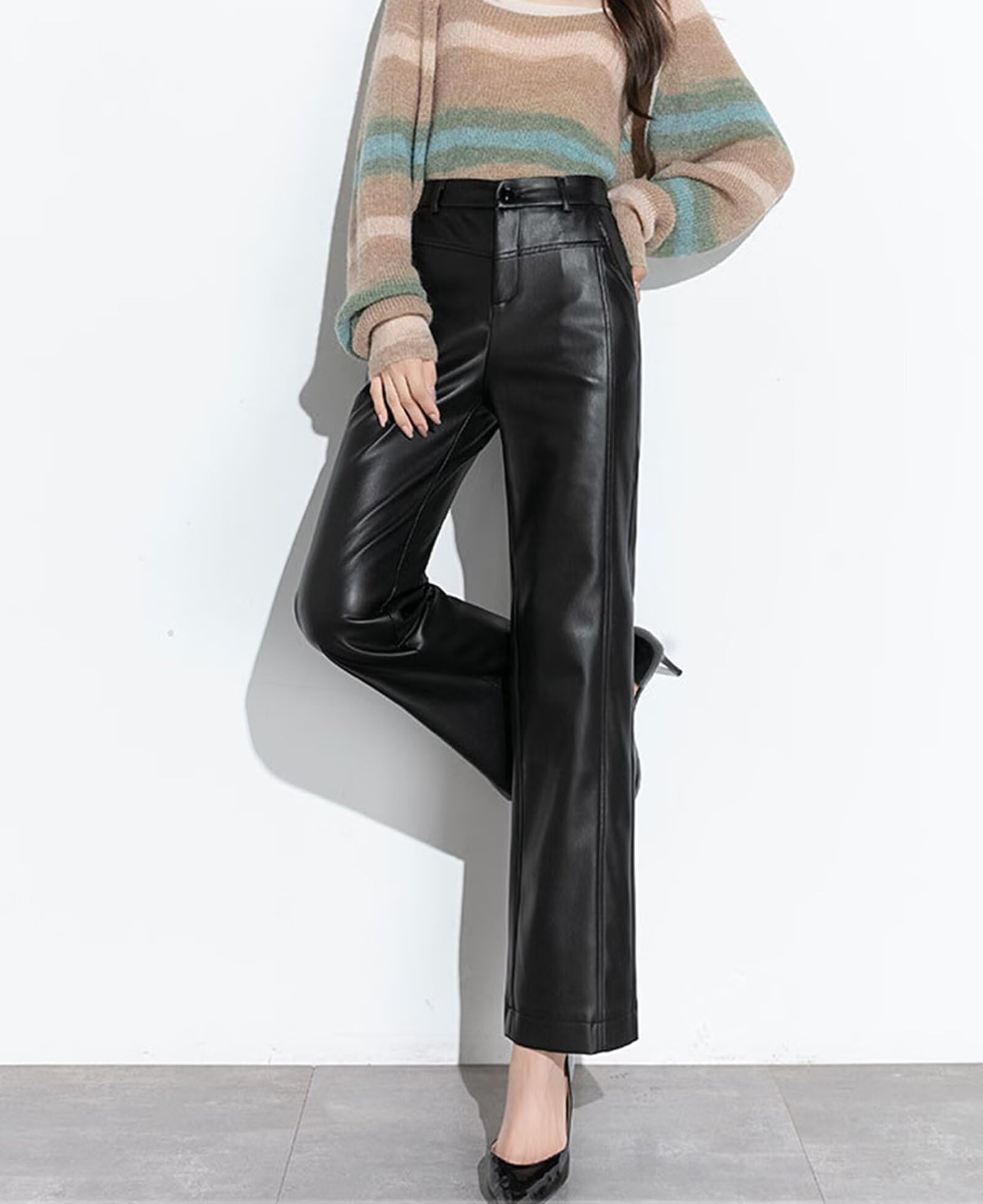 HNVAVQ Pantalón Mujer Cuero Cintura Alta Pantalón Pierna Recta Elegante Oficina