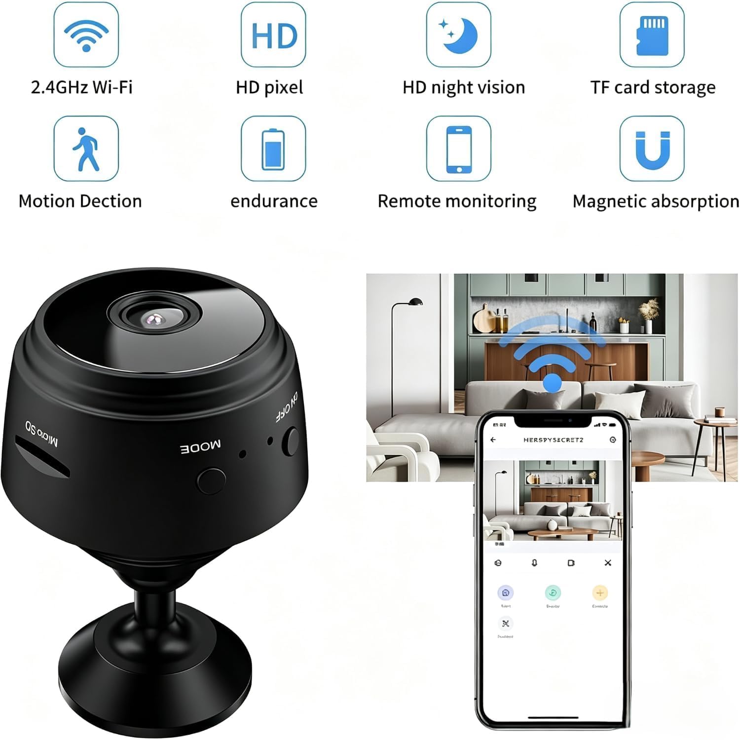 Hidden Camera Mini Security Camera, 1080P HD WiFi Home Indoor Outdoor Camera for Baby/Pet/Nanny, IP Camera Remote Viewing for Security with iOS,Android Phone APP, 2 Packs
