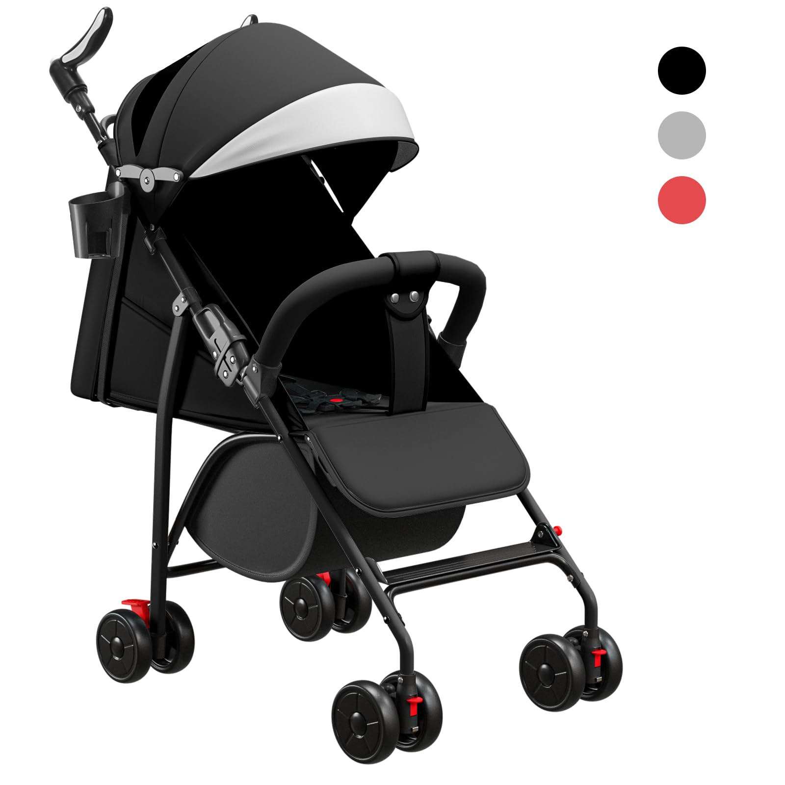 Passeggino Leggero e Compatto, Ultra Leggero, Reclinabile, Posizione Lettino, Pieghevole a Parasole, Capottina Regolabile - dalla Nascita a 22 Kg, Cuscino in Cotone + Zanzariera, Nero
