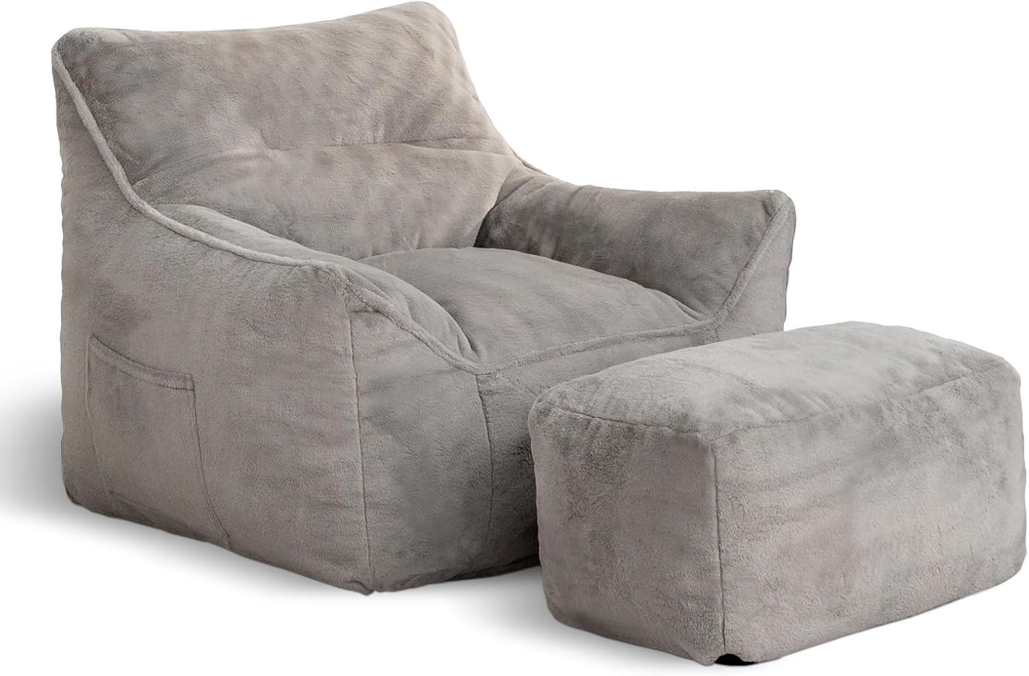 Bean Bag Chair, Bean Bag Chair with Ottoman, Big Beanbag Chair with Filling, Large Beanbag Chair with Filler for Living Room (Faux Fur in Gray, 38.15" Wx40 Dx30 H)